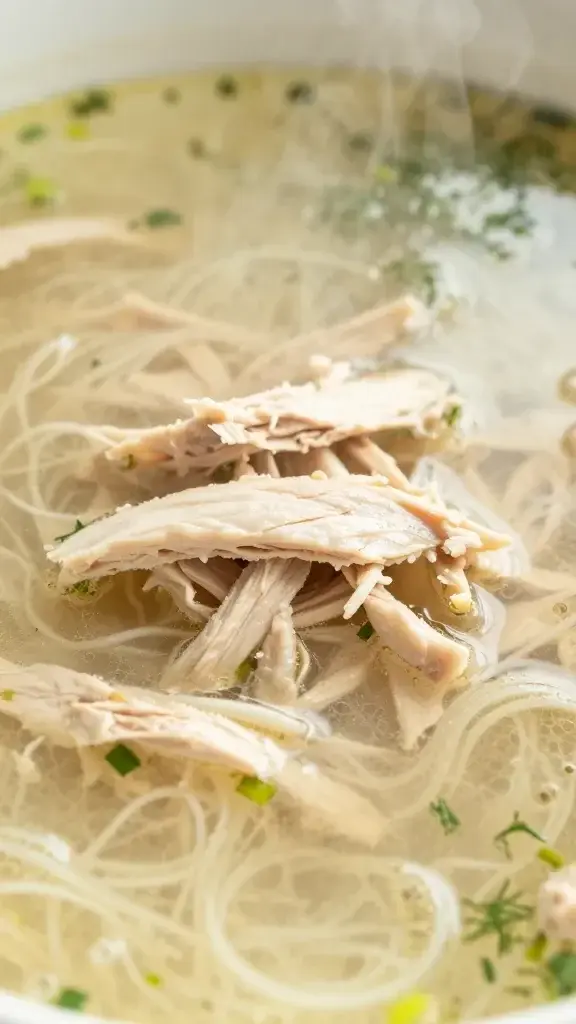 Close-up detail of silky broth with visible steam, shredded chicken, thin noodles, and vibrant dill specks, shallow depth of field, warm natural light, soft backdrop
