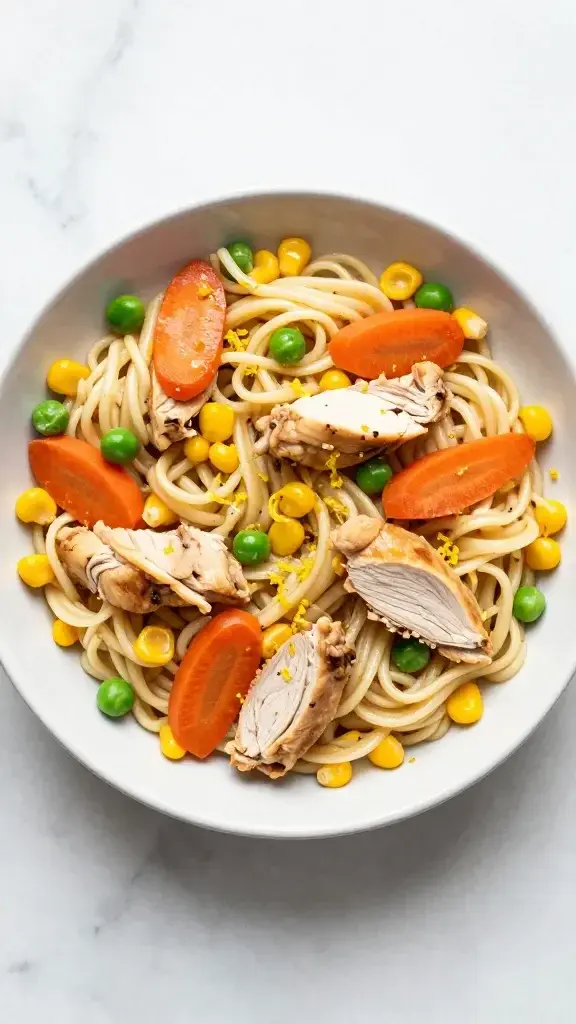 Overhead/top-down shot of a shallow bowl arranged with noodles curling around chicken, carrots, corn, and peas, garnished with lemon zest on a marble surface