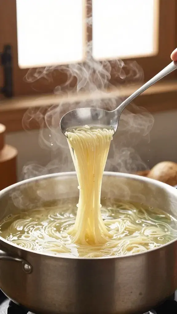 Cooking process shot: spoon lifting a forkful of noodles from the simmering pot, droplets of broth, steam rising, rustic kitchen setting, bright window light