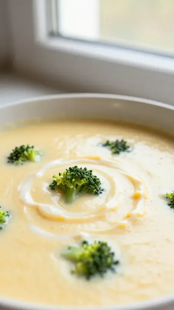Close-up detail of creamy broccoli cheddar soup with silky texture and a swirl of cream, tiny broccoli pieces, shallow depth of field, warm window light, clean background