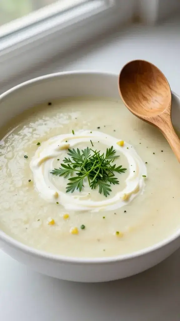 Final plated dish: Creamy summer potato leek soup elegantly served in a shallow white bowl with a swirl of cream, bright herb garnish, and a warm wooden spoon nearby, natural window light