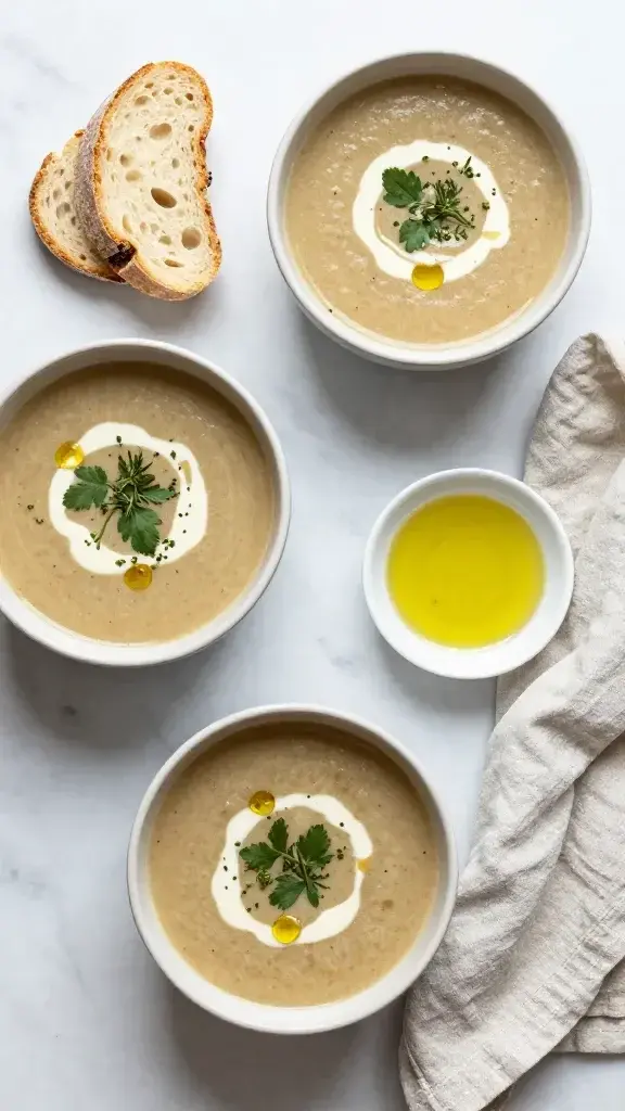 Overhead/top-down shot: Flat lay of a cozy soup setup with bowls, a crusty bread slice, a small dish of olive oil, and a linen napkin on a marble countertop