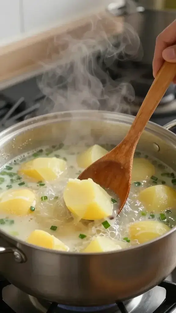 Cooking process shot: Pot of simmering potato leek soup on the stove with a wooden spoon stirring, steam rising, soft kitchen lighting and a hint of golden edges from gentle simmer