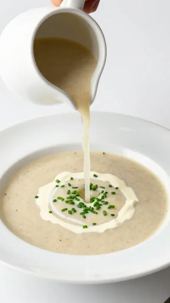 Serving moment: Soup being poured from a small pitcher into a white bowl, a sprinkle of chives and a drizzle of cream, clean background and natural daylight
