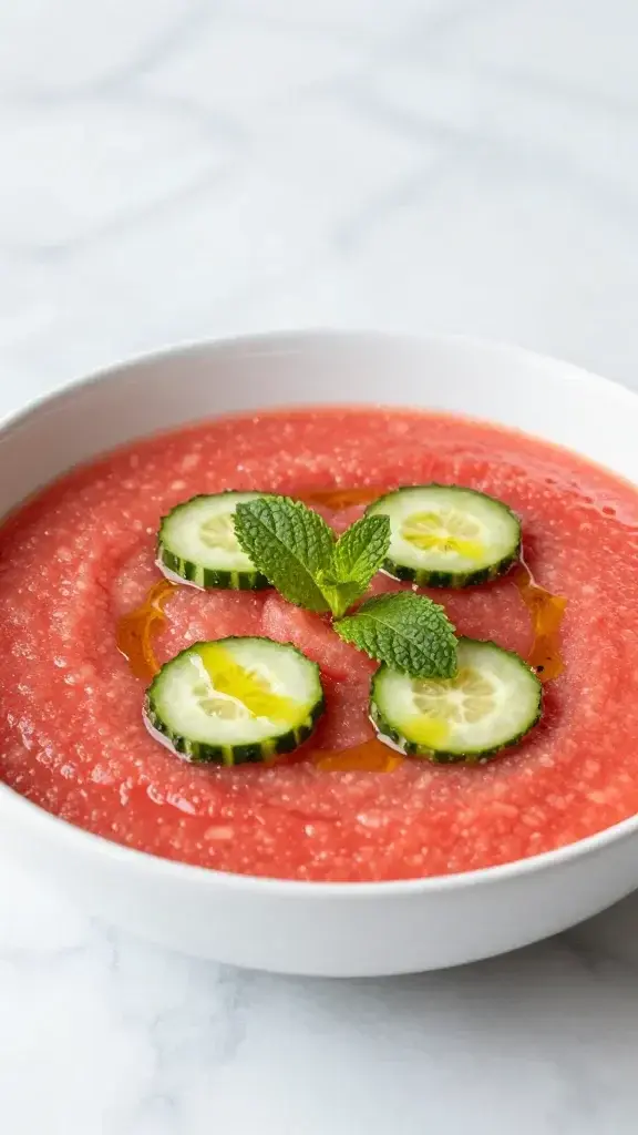 A vibrant final plated dish of chilled watermelon gazpacho in a white ceramic bowl, topped with cucumber rounds, mint, and a drizzle of olive oil, bright natural light, clean marble background.