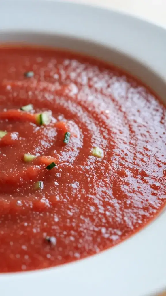 Close-up detail of the gazpacho’s smooth, ruby-red texture with tiny cucumber flecks and a glossy surface, shallow depth of field, soft window light, minimalistic plate edge for contrast.