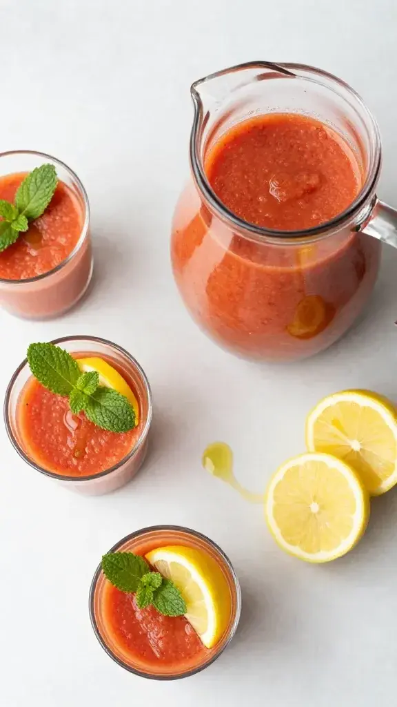 Overhead/top-down shot of a refreshing gazpacho pitcher beside a few glass cups, garnished with fresh mint, lemon wedges, and a drizzle of oil, clean kitchen counter, natural light.