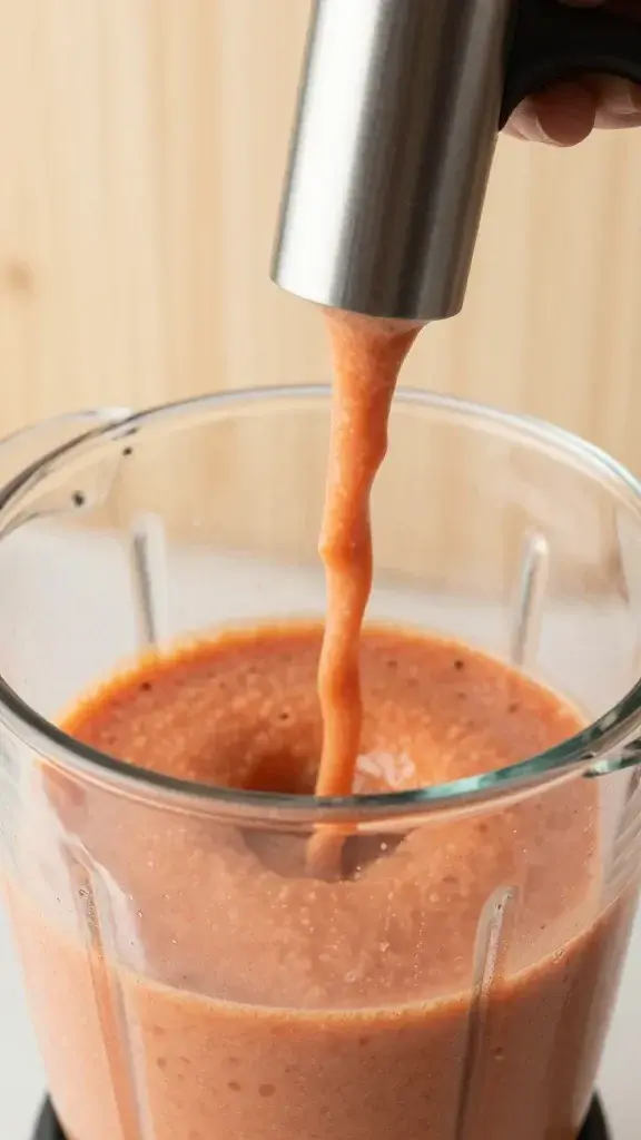 Cooking process shot showing the gazpacho being blended, creamy consistency visible, slight steam or sheen on surface, light wood backdrop, and a narrow depth of field focusing on the blender spout.