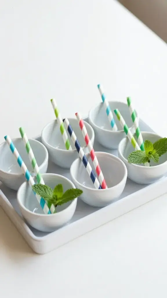 Serving moment of a kid-friendly presentation: small bowls arranged on a white tray with colorful striped straws, a sprig of mint on each, bright daylight, uncluttered surface.