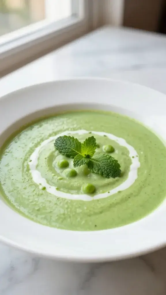 Beautifully plated Easy Summer Pea Soup in a white ceramic bowl, bright creamy green texture, delicate mint garnish, soft natural window light, clean marble surface backdrop, restaurant-style plating