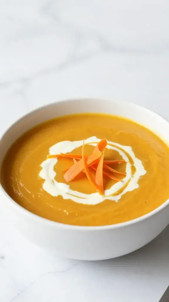 A beautifully plated bowl of Easy Summer Carrot Ginger Soup for Kids in a white ceramic bowl, garnished with a swirl of cream and carrot curls, bright natural light, clean marble background