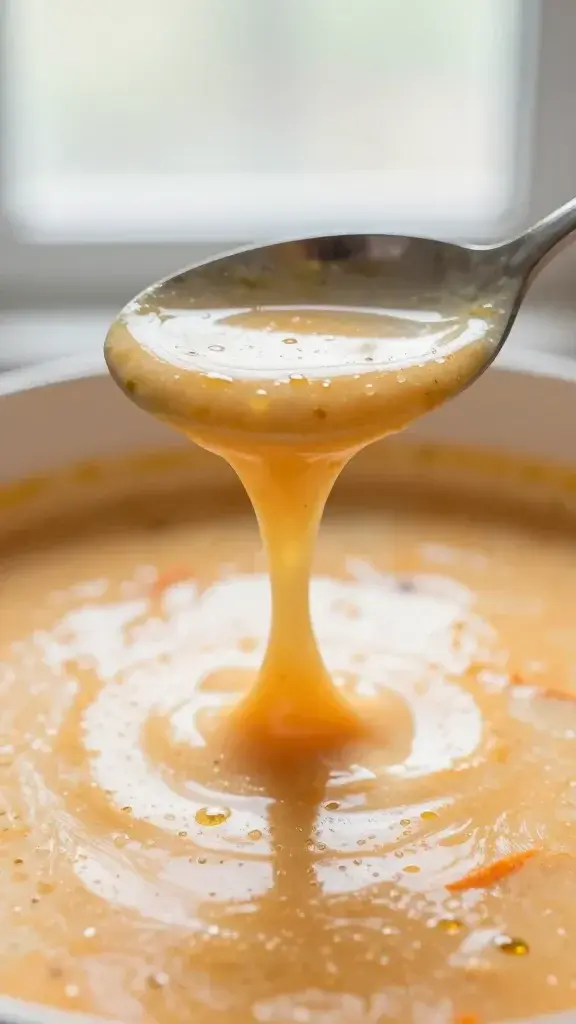 Close-up detail of the soup’s creamy texture with a spoon slowly pulling a ribbon of soup, tiny droplets of oil, warm orange hues, shallow depth of field, soft window light