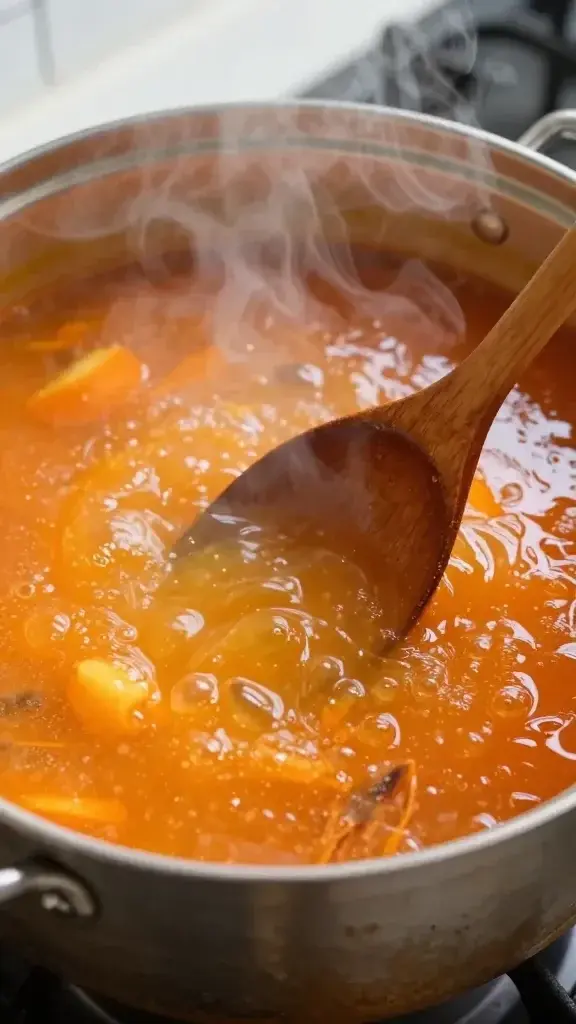 Cooking process shot: simmering soup in a rustic pot with a wooden spoon, visible steam, vibrant orange color, glossy surface, natural kitchen light