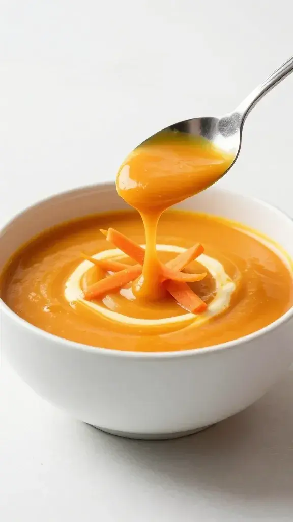 Serving moment: spoon lifting a luscious swirl of carrot-ginger soup into a pristine white bowl, fresh carrot ribbons as garnish, bright daylight, minimalistic background