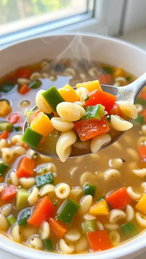 Close-up detail: a spoonful of colorful summer minestrone loaded with diced vegetables and small pasta, steam rising, vibrant broth glistening, shallow depth of field, natural window light, white ceramic bowl