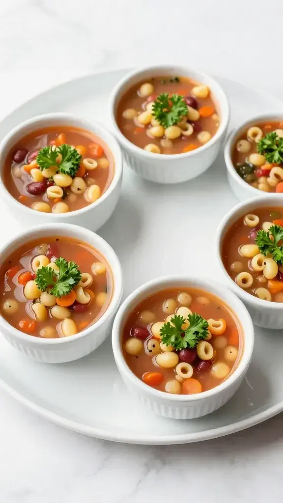 Final plated dish: beautifully arranged bowls of Easy Summer Minestrone with parsley garnish, dotted with tiny pasta and beans, bright setting on a marble surface and clean white plate