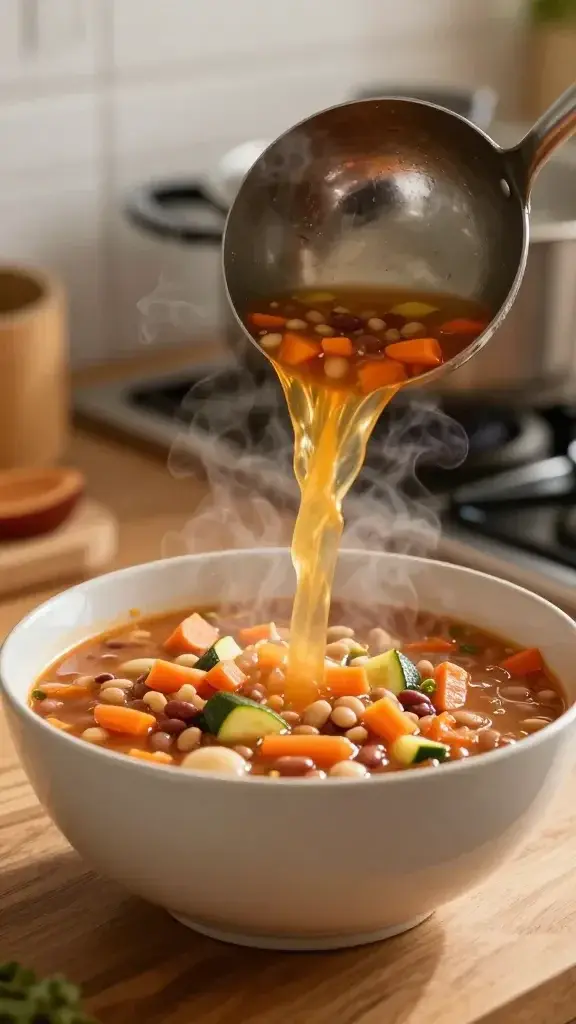 Cooking process shot: ladle pouring hot minestrone into a shallow bowl, steam wisps, carrots, zucchini, and beans visible, warm-toned stove light, wooden counter