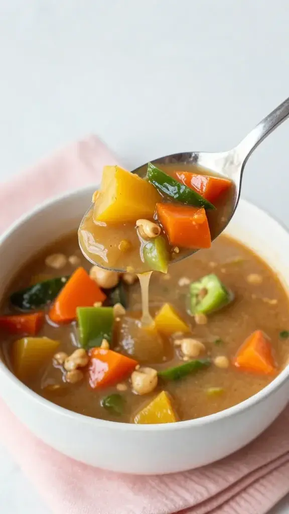 Serving moment: spoon about to lift a rich, broth-coated spoonful from a bowl, colorful vegetables in focus, pastel napkin underneath, natural daylight, minimal backdrop