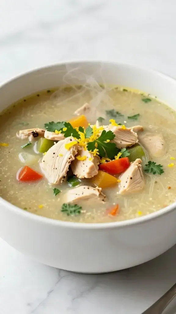 Beautifully plated Easy Summer Chicken and Veggie Soup in a white ceramic bowl, steaming gently, bright natural light, garnish with fresh herbs and lemon zest, clean marble background, restaurant-quality presentation