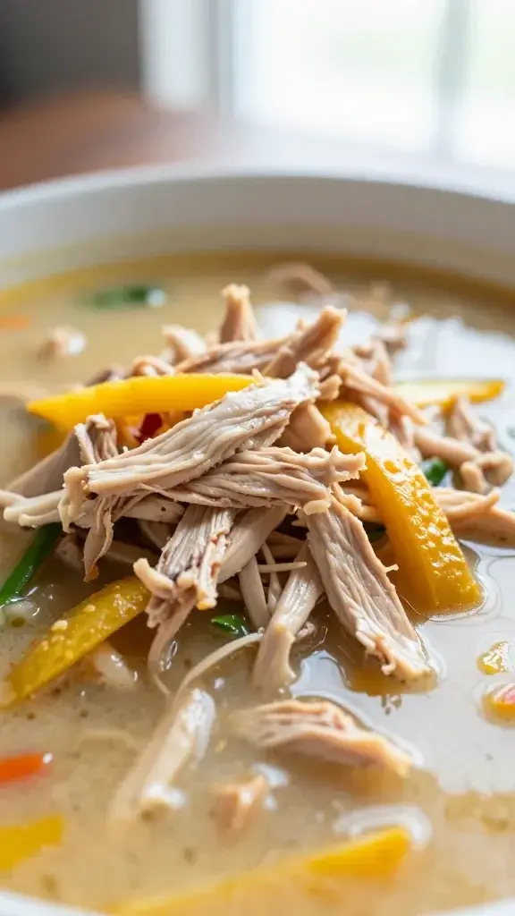 Close-up detail of tender shredded chicken and vibrant vegetables in a warm broth, golden edges on vegetables, creamy soup texture, shallow depth of field, soft window light