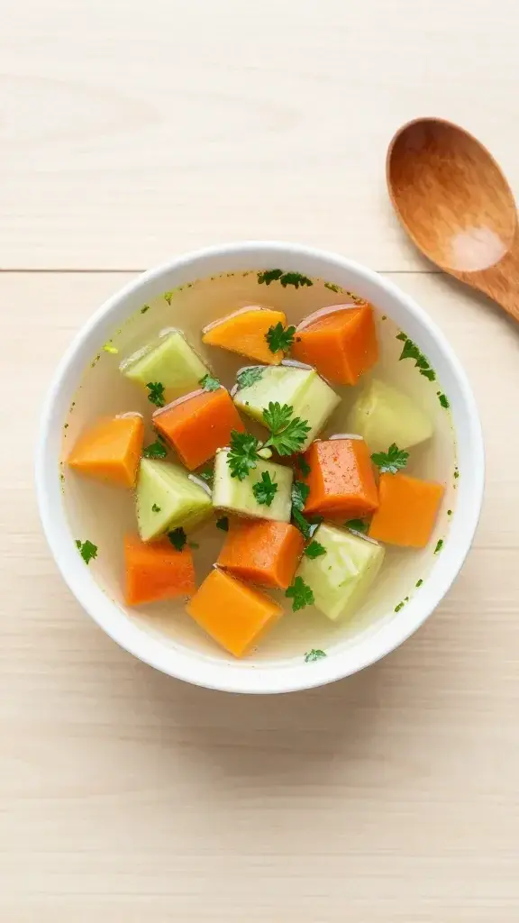 Overhead shot of the soup bowl with colorful veggie chunks arranged around the rim, dotted with parsley, a wooden spoon resting nearby, clean light wood surface