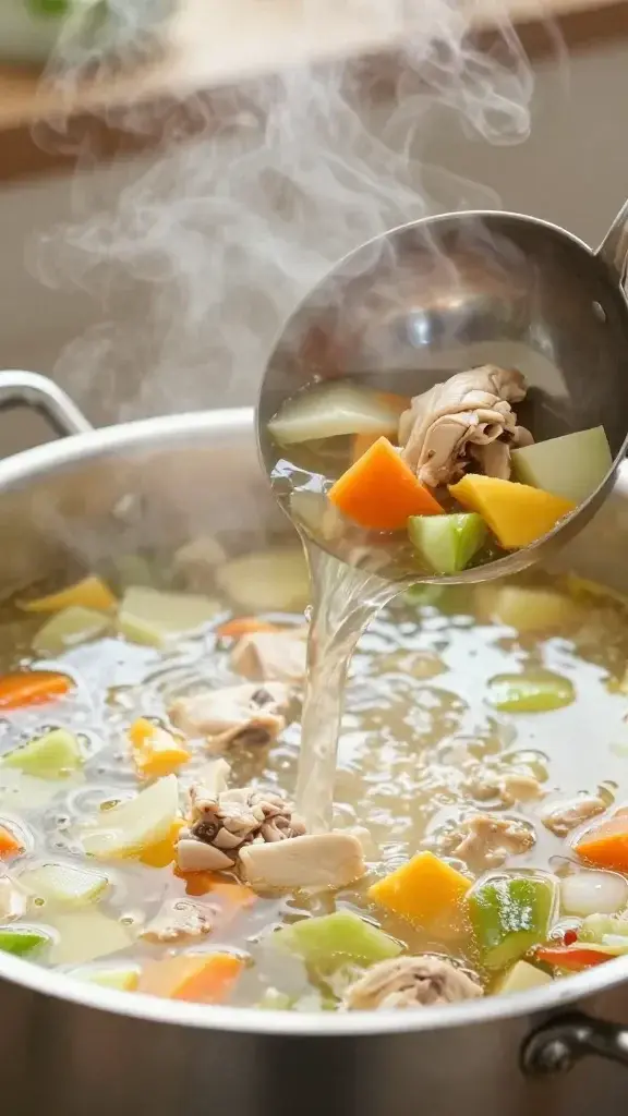 Cooking process shot showing ladling broth into a shallow bowl, visible steam, chunky vegetables and chicken pieces, natural kitchen light, slight steam bloom for appetizing effect