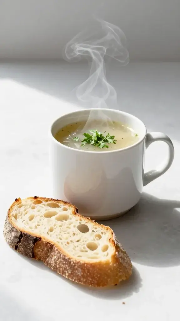 Serving moment with a side of crusty bread, soup in a mug, steam rising, fresh herbs sprinkled on top, bright daylight, minimal background clutter, modern food blog aesthetic