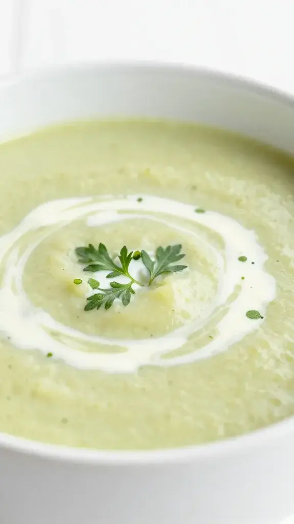 Close-up detail of creamy zucchini soup with a swirl of cream and fresh herb on a white ceramic bowl, bright natural light, shallow depth of field, clean backdrop
