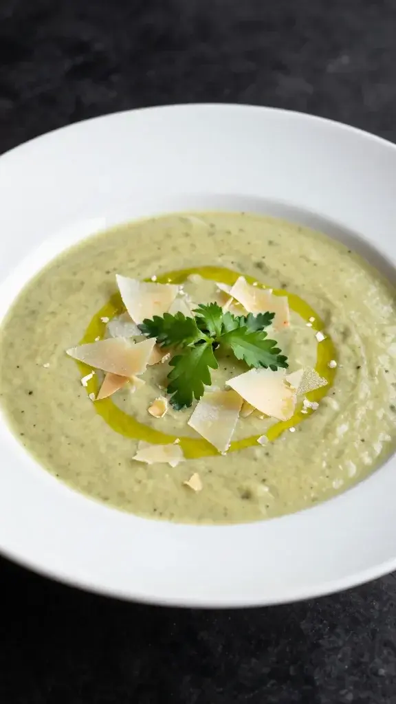 Beautifully plated Easy Summer Zucchini Soup in a modern bowl with parmesan shavings and a drizzle of olive oil, crisp green garnish, restaurant-quality presentation