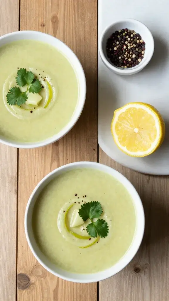 Overhead shot of a rustic wooden table setting: bowls of zucchini soup, a slice of lemon, and a small dish of pepper, marble surface, soft daylight