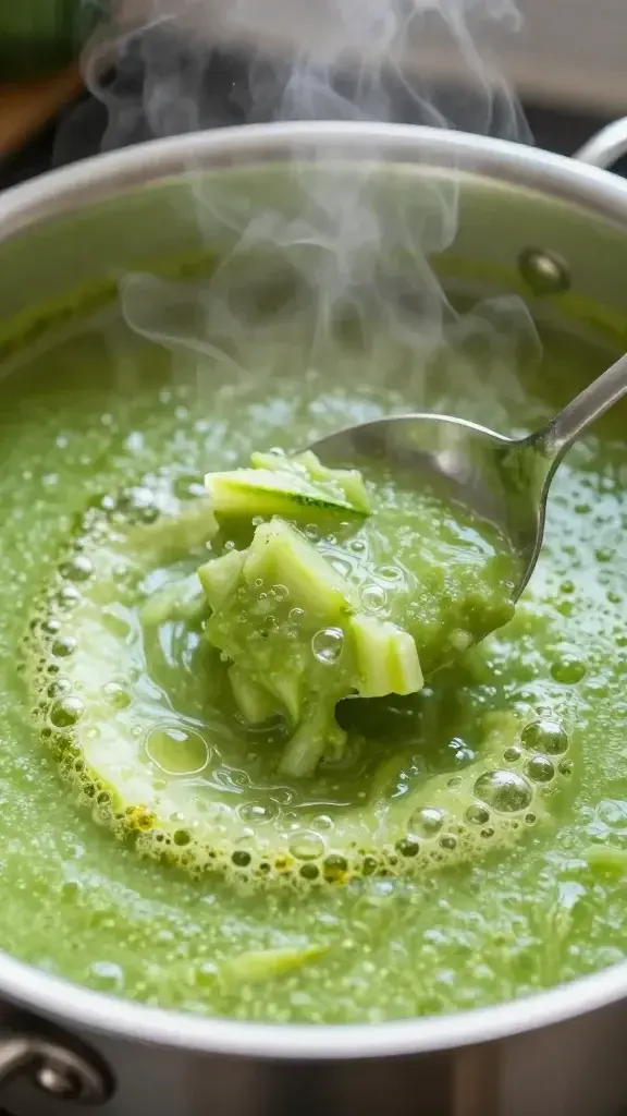Cooking process shot: spoon stirring zucchini soup in a pot, steam rising, vibrant green color, natural kitchen light, focus on texture and bubbling