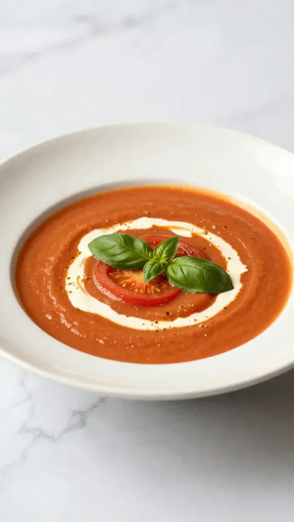 Beautifully plated Easy Summer Tomato Basil Soup in a cream ceramic bowl with a swirl of cream and fresh basil, bright natural light, clean marble background, restaurant-quality presentation