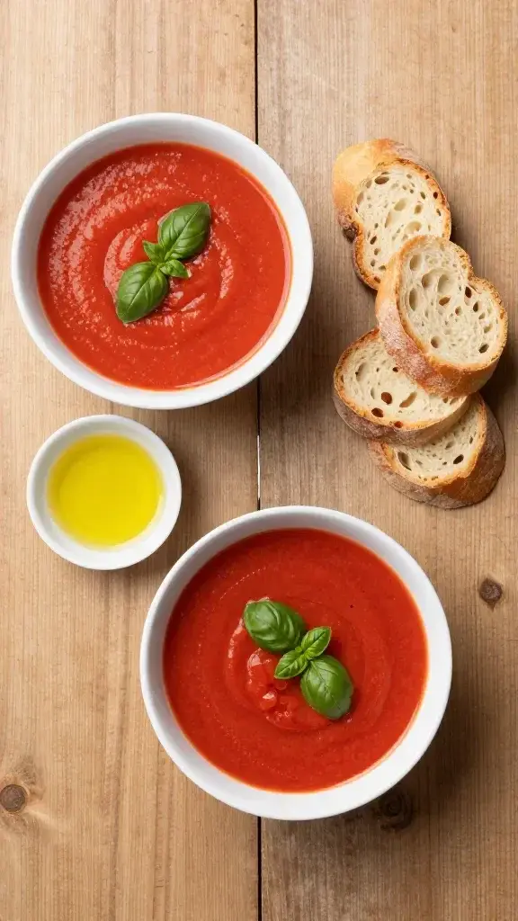 Overhead shot of a rustic wooden table setting: bowls of tomato basil soup, crusty bread slices, a small dish of olive oil, and a sprig of basil for garnish, minimalist styling