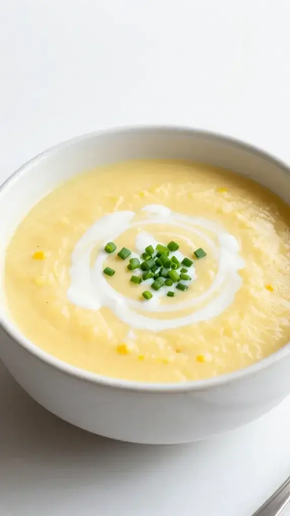 A beautifully plated warm corn soup in a cream ceramic bowl, topped with a swirl of coconut milk and a sprinkle of chives, bright natural light, clean white tabletop