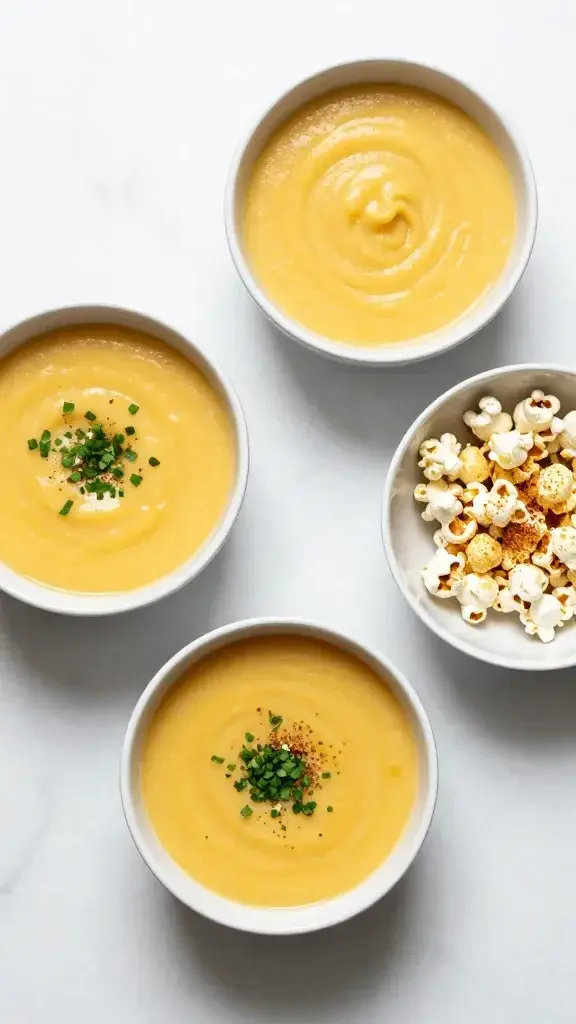 Overhead top-down shot of a trio of bowls showing variations: corn soup, garnishes, and a small cup of popcorn-ready seasoning, marble surface, minimal styling
