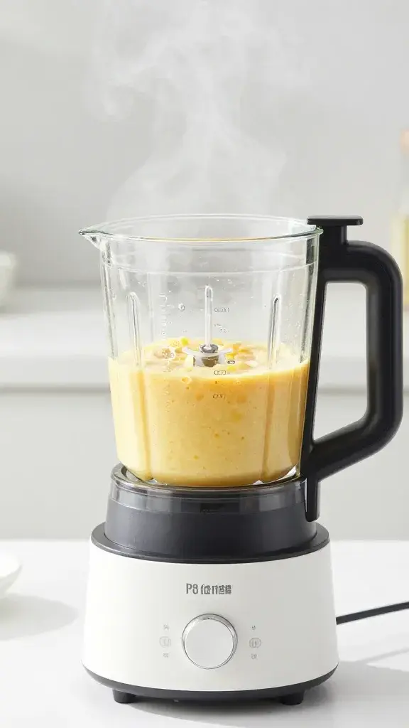 Cooking process shot of corn soup being blended in a blender, visible steam and creamy consistency, kitchen light, modern white counter