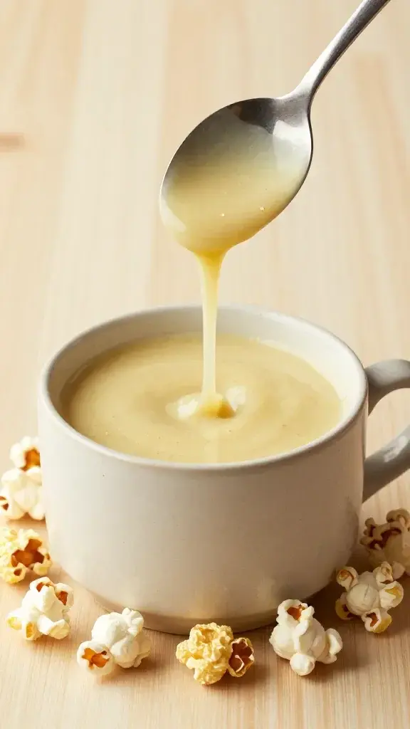 Serving moment: spoon drizzle of soup into a ceramic mug-sized dish, crunchy popcorn shards around the rim, light wood background, inviting aroma implied
