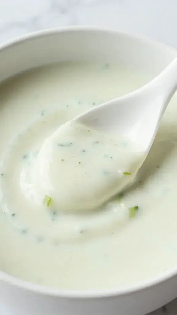 Close-up detail of creamy cucumber soup texture with tiny cucumber specks and a glossy surface, spoon resting on a white ceramic spoon, soft natural light, clean marble background