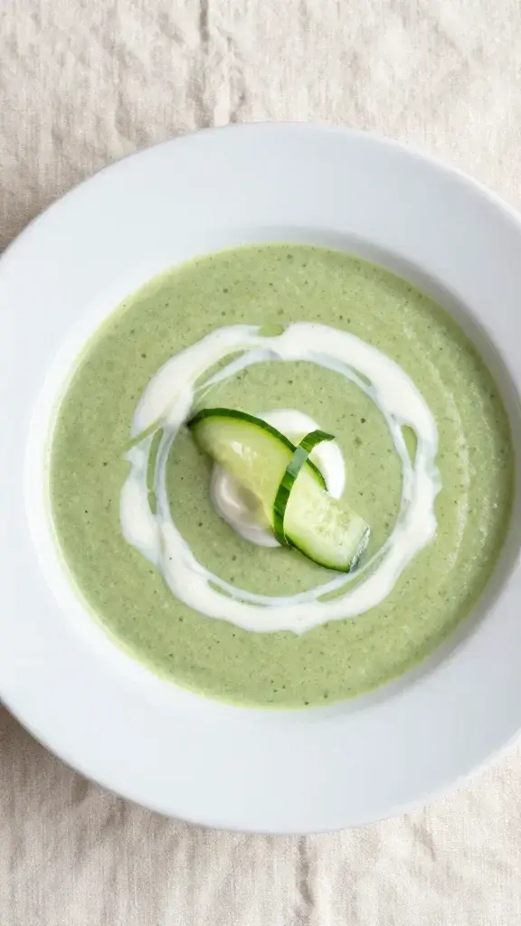 Final plated dish showing a chilled cucumber soup bowl swirled with yogurt drizzle and a light cucumber ribbon garnish, bright daylight, minimal cream linen backdrop