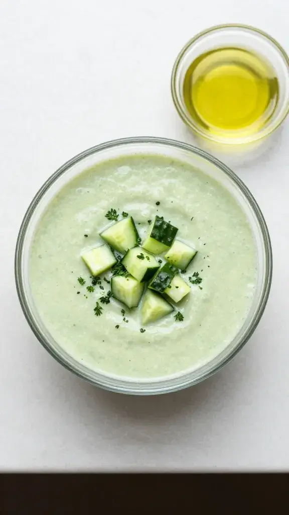 Overhead top-down shot of a glass bowl of cucumber soup with cucumber dice sprinkled on top, fresh herb sprig, small dish of olive oil on the side, clean kitchen counter