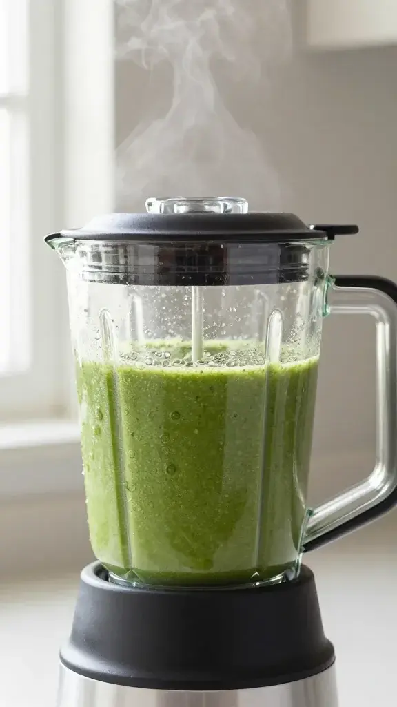 Cooking process shot of the soup being blended in a blender, steam rising slightly, vibrant green color, glass pitcher, neutral countertop and natural window light