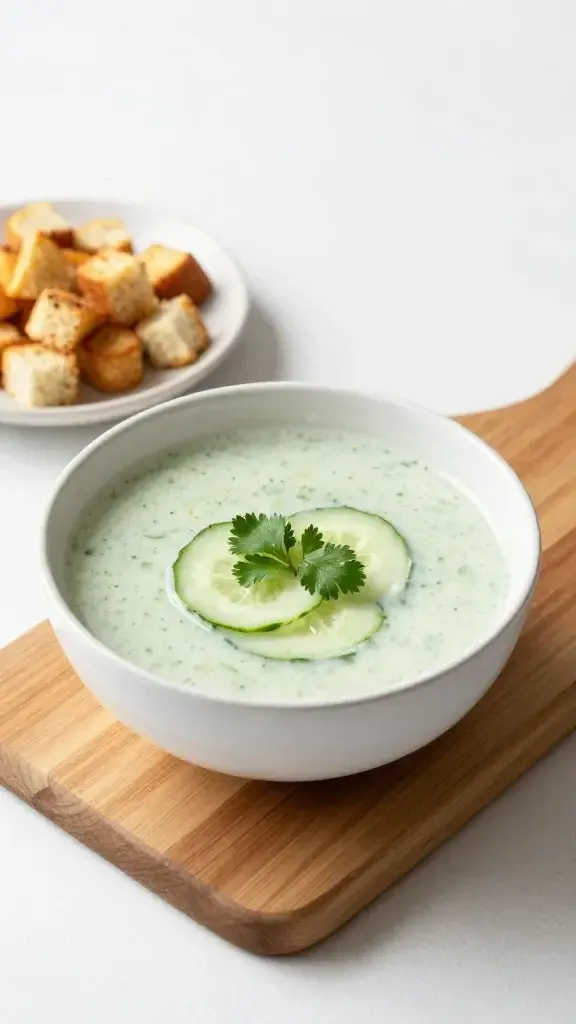 Serving moment with a topped bowl of cold cucumber soup placed on a wooden board, a small plate of savory croutons beside it, soft light, crisp white table setting