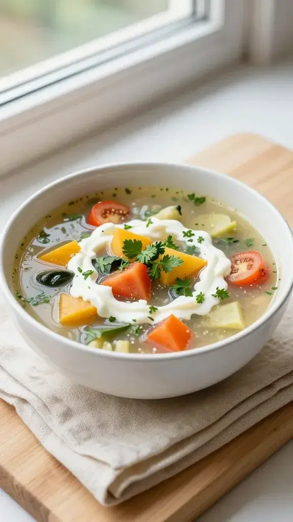 Final plated dish: A bright bowls-of-summer-vegetable-soup served in a white ceramic bowl with a swirl of cream and fresh herb garnish, on a creamy linen napkin and light wood board, natural window light.
