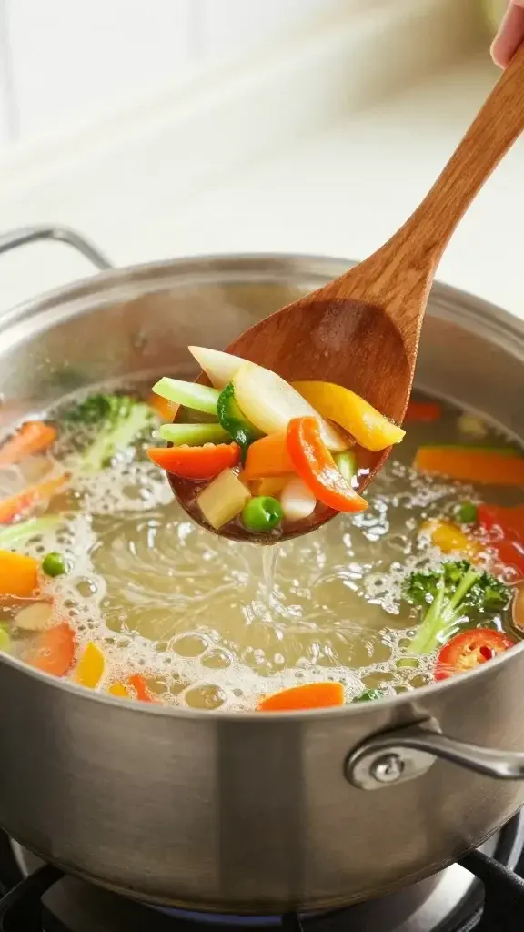 Cooking process shot: A wooden spoon scooping a vibrant spoonful of simmering vegetable soup in a stovetop pot, bubbling broth, colorful vegetables visible, kitchen counter in soft focus.