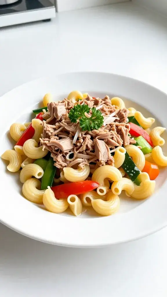Final plated dish: Beautifully plated Tuna Pasta Salad for Kids on a white plate with light parsley garnish, vibrant tuna flakes, elbow pasta, and colorful vegetables, bright natural light, clean kitchen setting