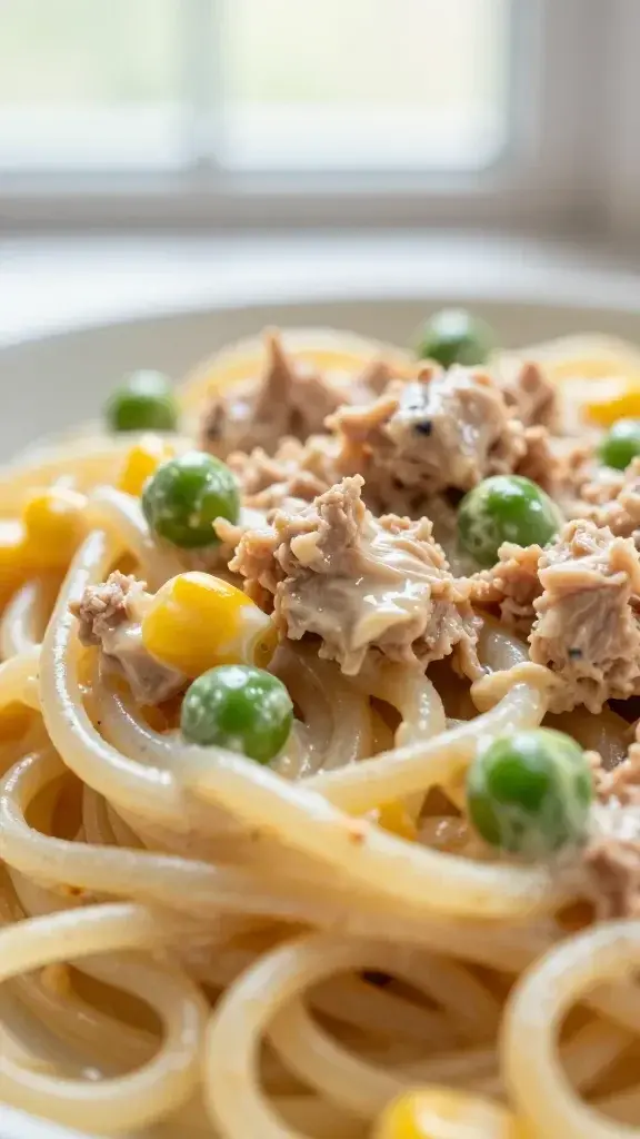 Close-up detail: Creamy tuna mayo coating on al dente pasta, pasta strands glistening, dotted with small peas and corn, shallow depth of field, soft window light