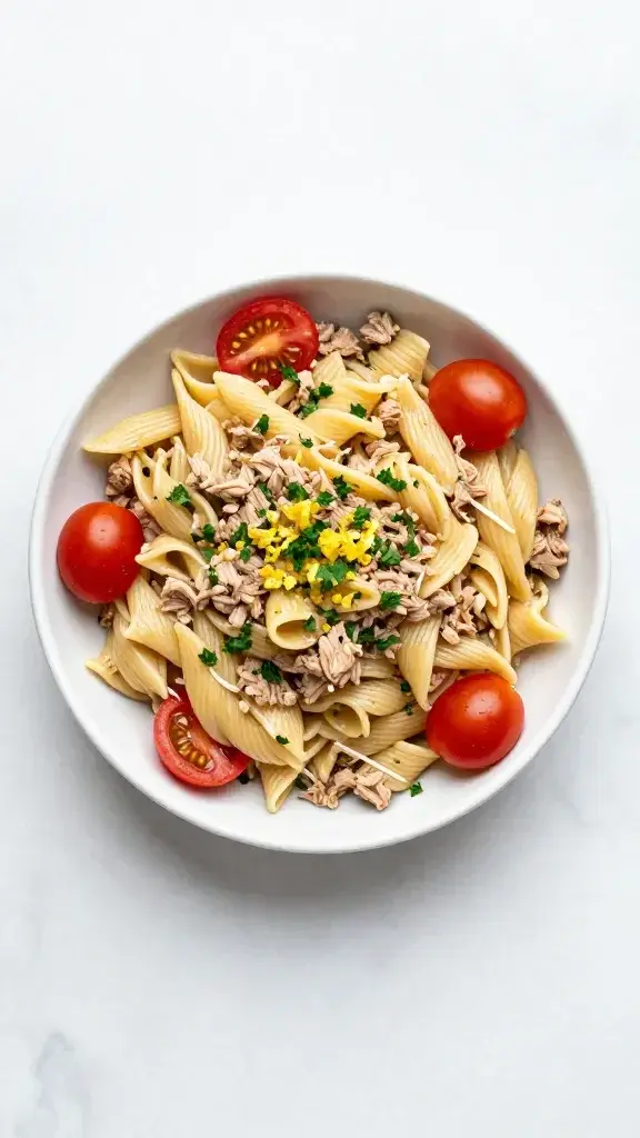 Overhead/top-down shot: Hero overhead view of a bowl of Tuna Pasta Salad with scattered parsley, lemon zest, and cherry tomatoes around the rim, marble surface, minimal props