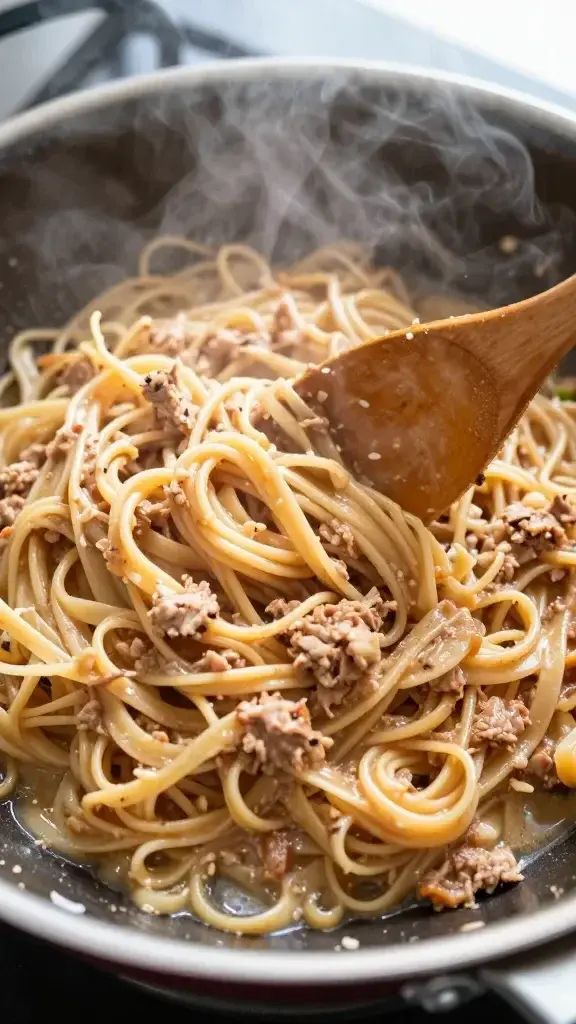 Cooking process shot: Stirring the tuna pasta mixture in a wide skillet, steam rising, glossy sauce coating pasta, natural kitchen light, wooden spoon mid-action