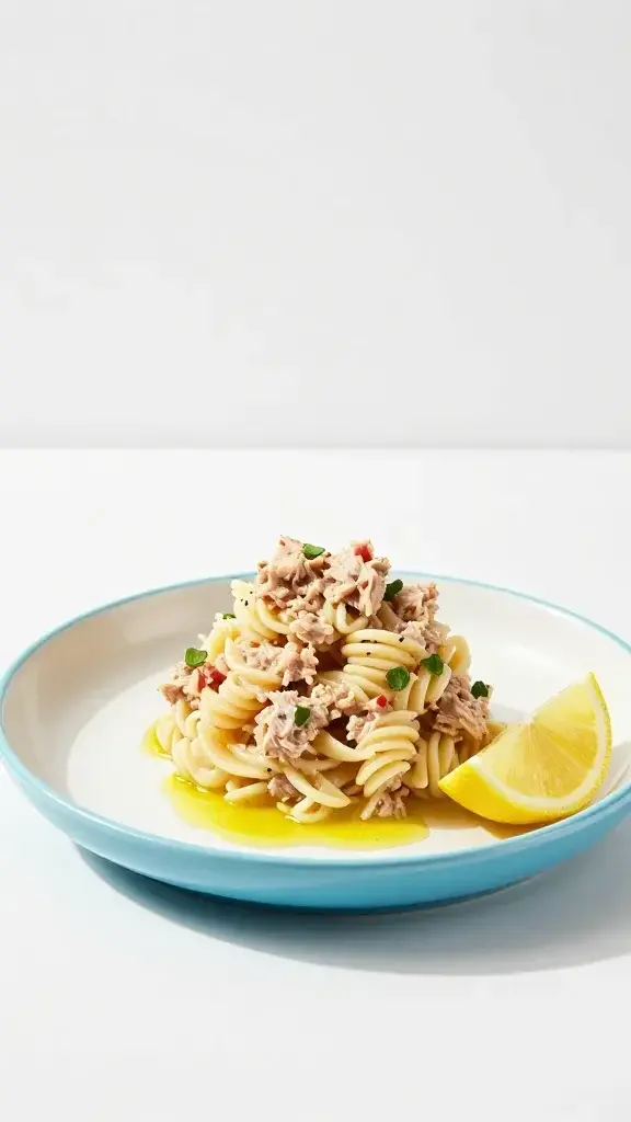 Serving moment: Scoop of Tuna Pasta Salad being plated into a kid-friendly portion on a kid's plate with a drizzle of olive oil and a lemon wedge, bright daylight, clean studio backdrop