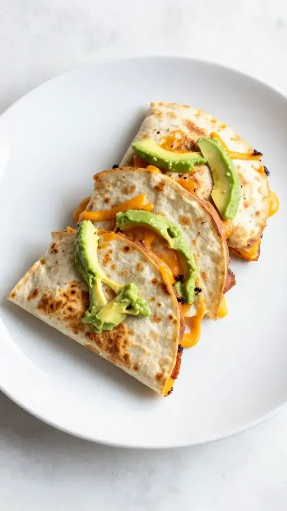 Final plated dish: Beautifully plated Sweet Potato Quesadillas cut into wedges on a white plate, melted cheese visible, avocado crema drizzle, bright natural light, clean ceramic background.